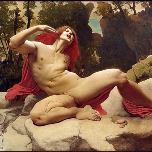 Image similar to a red, muscular dragon in a rocky desert by paul delaroche, alphonse mucha and arnold böcklin arnold böcklin hyperrealistic 8k, very detailed