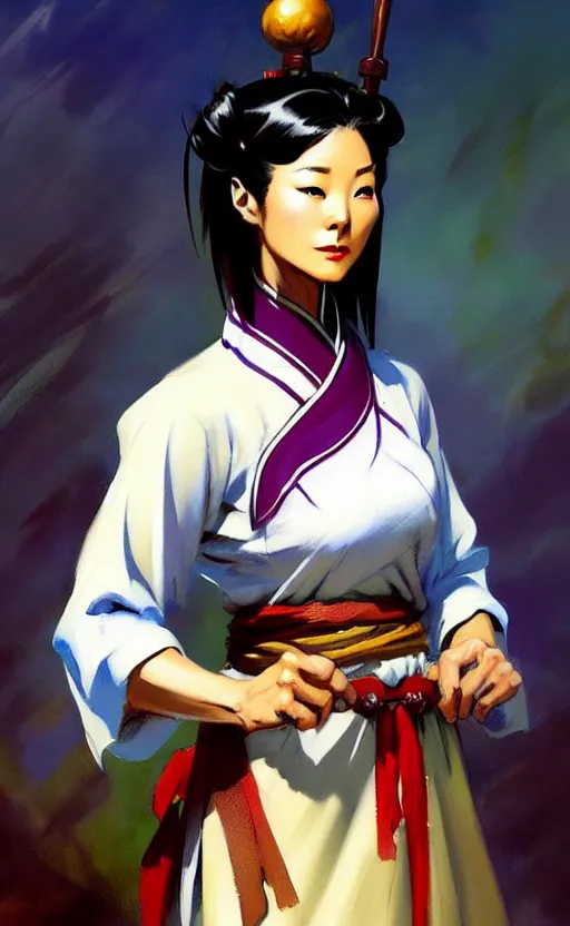 Image similar to magic : the gathering fantasy character concept art by frank frazetta and marco bucci, high resolution. a clear portrait of a stunning female south korean chef, wearing a hanbok apron, radiating powerful culinary energy, fantasy coloring, intricate, digital painting, artstation, smooth, sharp focus