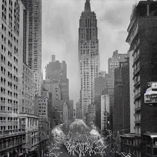 Prompt: vintage photo ( 1 9 3 6 ) of alien invasion in new york