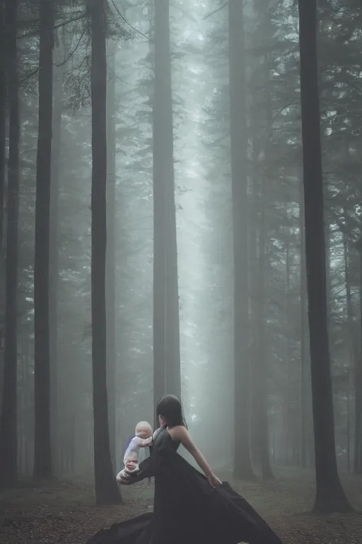 Image similar to a cinematic photo of a young woman with dark hair holds a baby in a dark, foggy forest, masterpiece