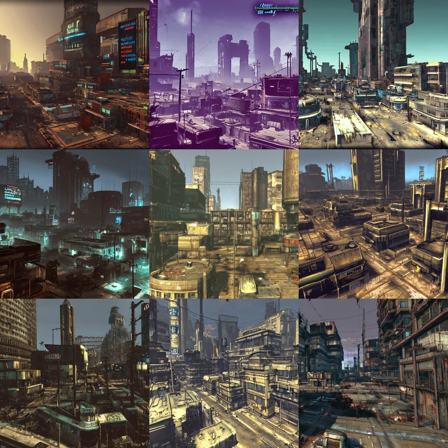 Prompt: A cyberpunk city in Fallout