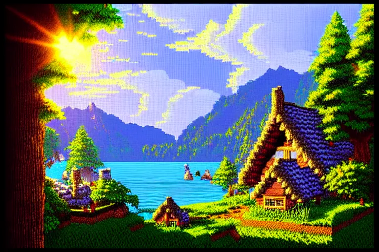 Image similar to view of a cottage above an azure lake, beautiful detailed pixelart by albertov and by kirokaze, intricate details, dithered gradients, beautiful, volumetric lighting, cgsociety, artstation