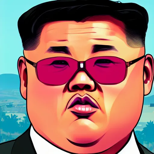Prompt: illustration gta 5 artwork of kim - jong un sunglasses, in the style of gta 5 loading screen, by stephen bliss