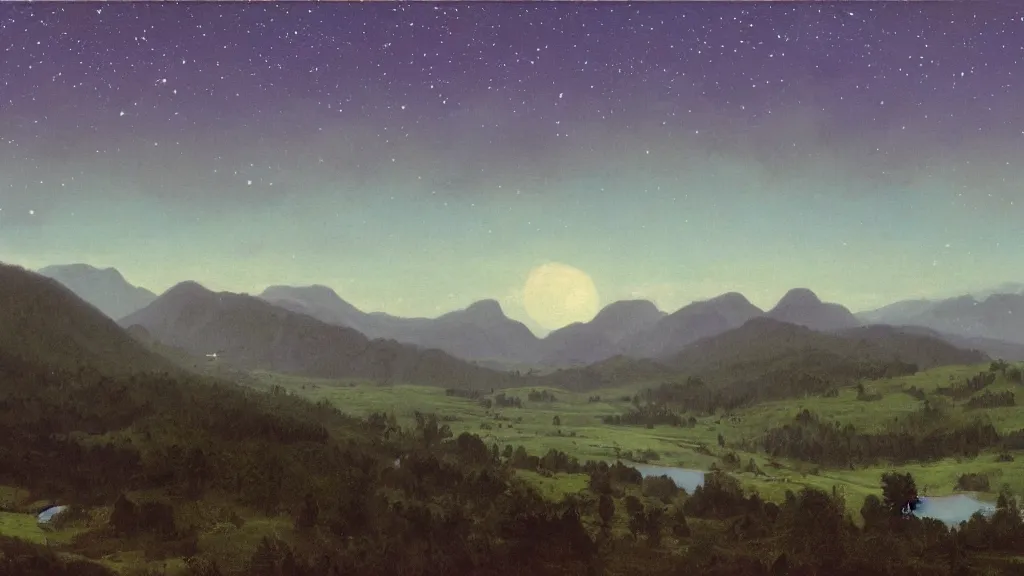 Prompt: The most beautiful panoramic landscape, oil painting, where the mountains are towering over the valley below their peaks shrouded in mist. The moon is high in the sky producing a warm glow and the sky dark purple and filled with stars and cirrus clouds. The river is winding its way through the valley and the trees are vivid green, by Greg Rutkowski, aerial view