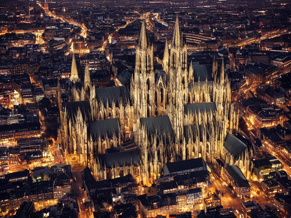 Image similar to cologne cathedral sourrounded by city, birds eye view, night, landscape, sky, volumetric lighting, 8 k octane beautifully detailed render, post - processing, extremely hyper - detailed, intricate, epic composition, intricate, trending on artstation, stunning art by frazetta, wonderful masterpiece by karine villette