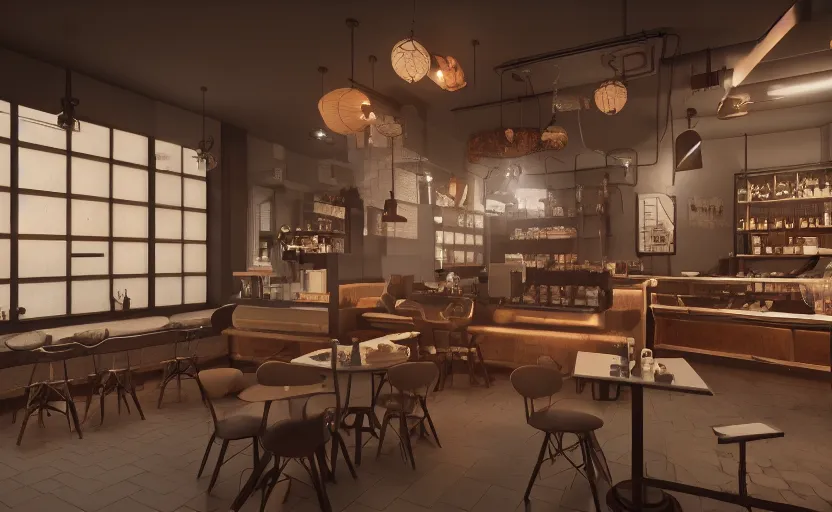 Image similar to a coffe shop, octane render, artstation trending, highly detailded