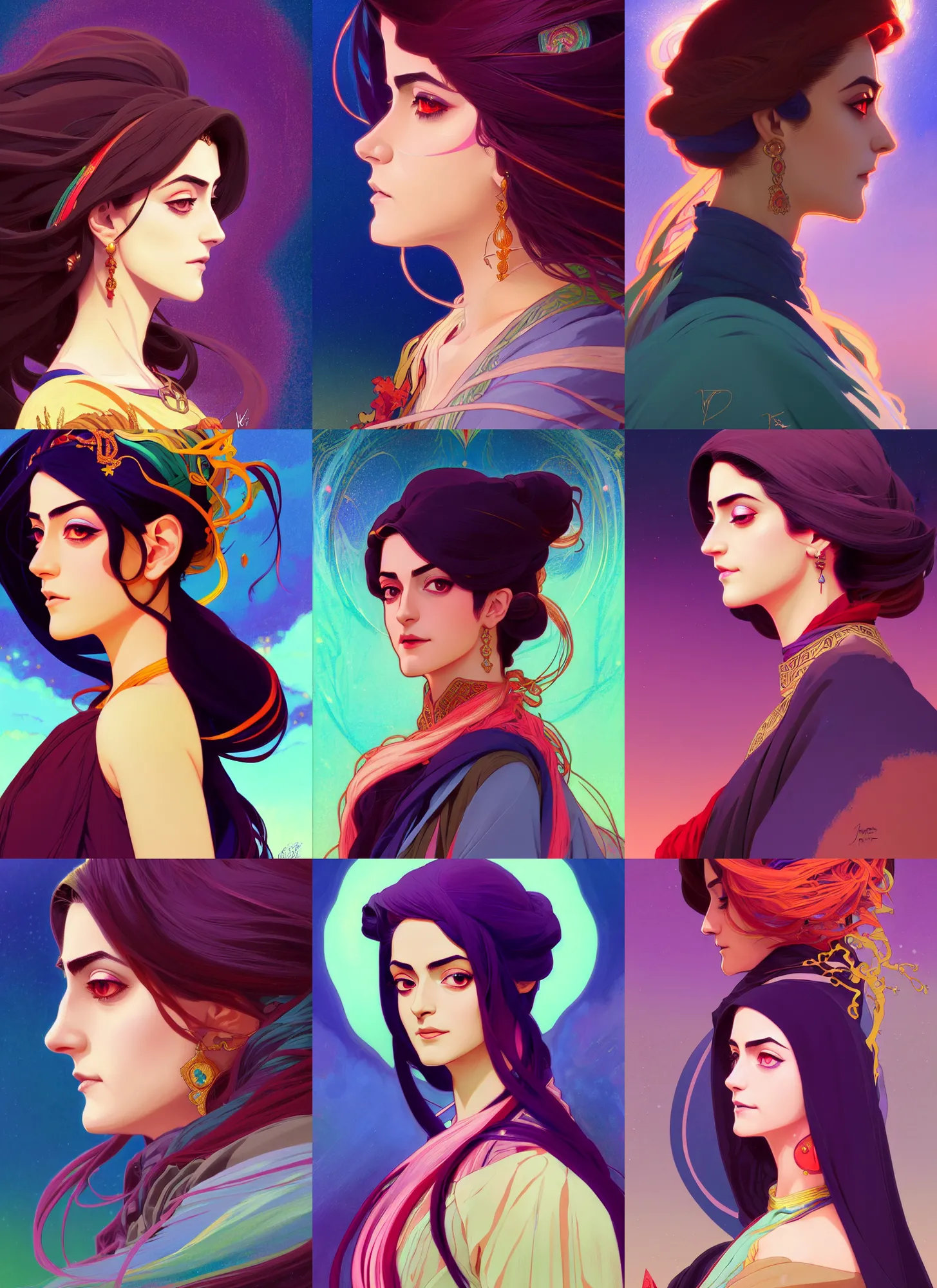 Prompt: side profile centered painted portrait, Maya Ali as a storm sorcerer, colourful, pretty face, intricate eyes, beautiful, elegant, Anime by Mucha and ilya kuvshinov and Cushart Krentz and Gilleard James, 4k, HDR, Trending on artstation, Behance, award winning