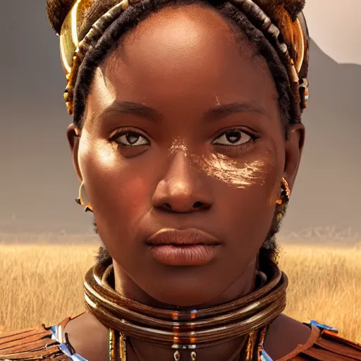 Image similar to a beautiful Zulu princess, epic, epic lighting, character portrait, james gurney, character concept style trending on artstation, detailed face, concept art, detailed, octane render cinematic, photo-realistic, 8k, high detailed