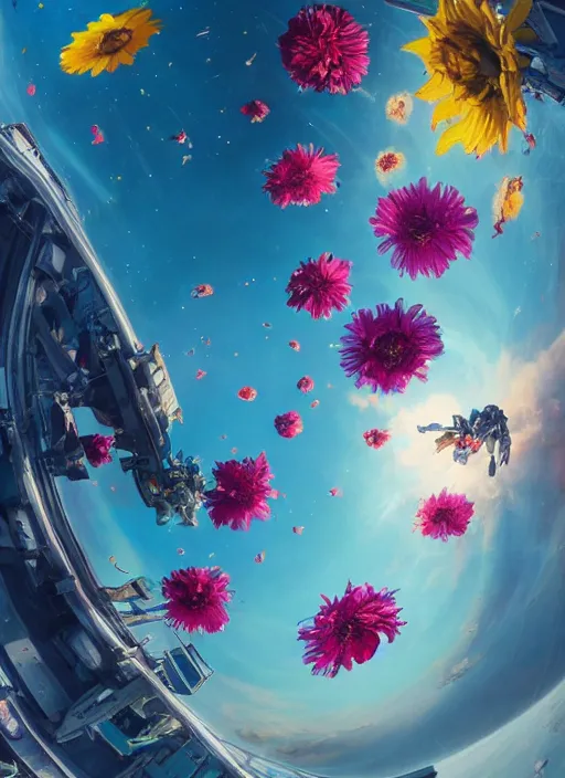 Image similar to An epic fantastic realism comic book style painting of the most beautiful flowers launched into space, bouquets, fisheye lens, unreal 5, DAZ, hyperrealistic, octane render, dynamic lighting