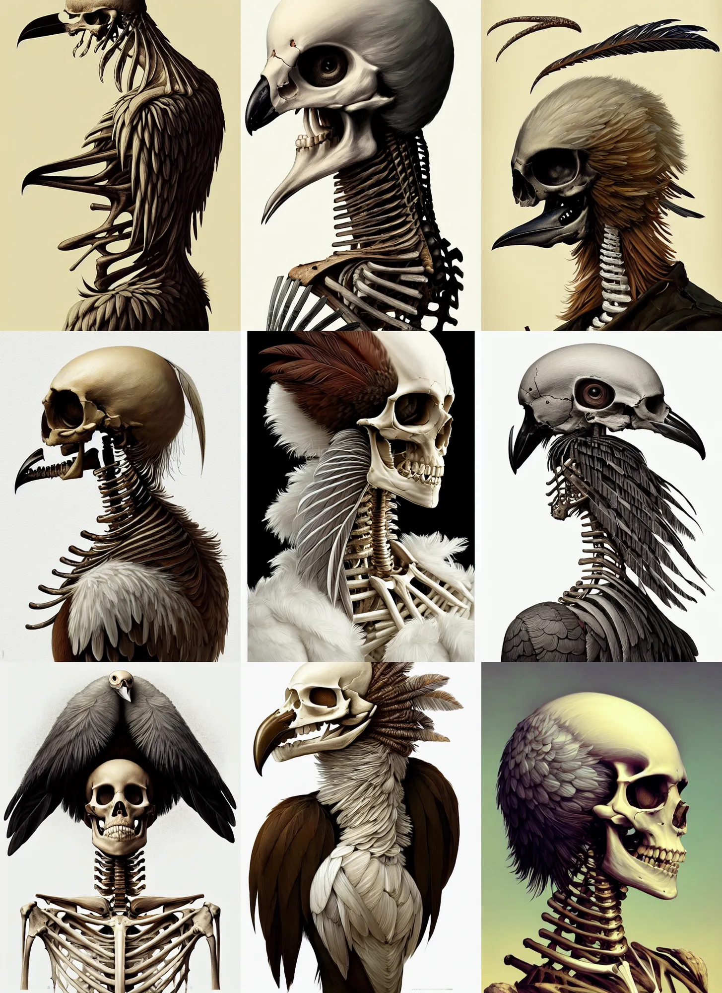 Prompt: rpg! profile!! portrait of humanoid bird skeleton on white background, beak, feathers, intricate, highly detailed, digital painting, artstation, concept art, smooth, sharp focus, illustration, art by norman rockwell emiliano ponzi andrey remnev yoann lossel aaron jasinski, 8 k