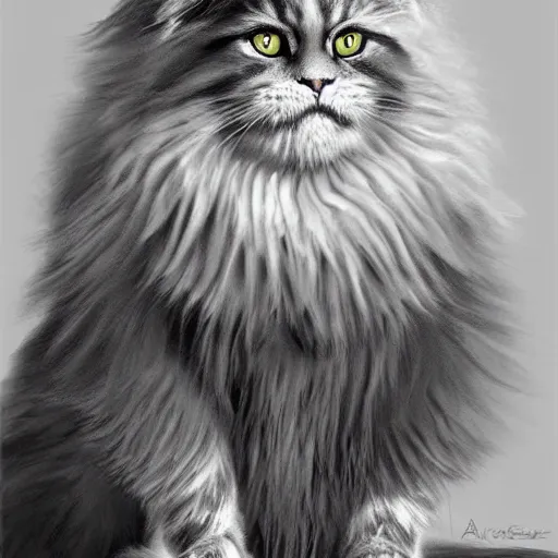 Image similar to a big old menacing dark grey maine coon cat with white belly, white paws and white face markings with long fur and fluffy tail, sitting, intricate, elegant, highly detailed, digital painting, artstation, concept art, matte, sharp focus, illustration, art by Artgerm and Greg Rutkowski and Alphonse Mucha