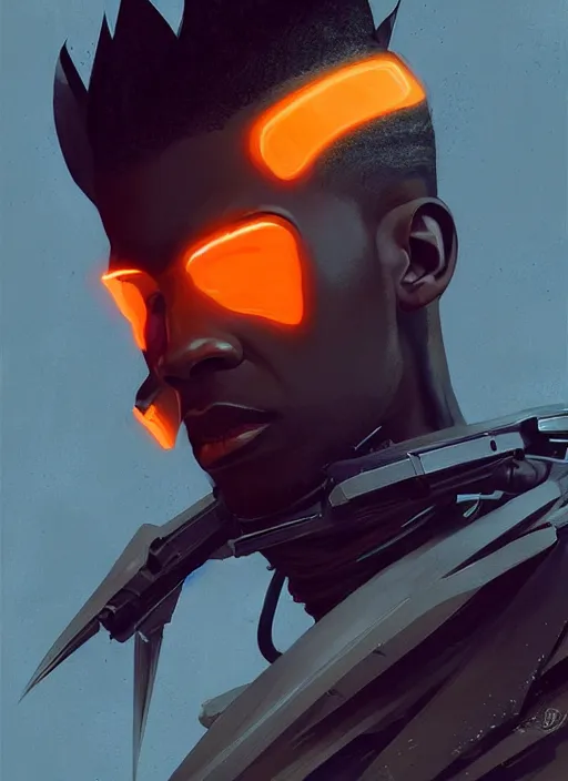 Image similar to full body side profile of slim black man with mohawk, futuristic techwear, highly detailed clothing, angular jawline, masculine, digital painting, artstation, blade runner concept art, smooth, sharp focus, electric orange light, fantasy art by greg rutkowski, loish, rhads, ferdinand knab, makoto shinkai, ilya kuvshinov, rossdraws