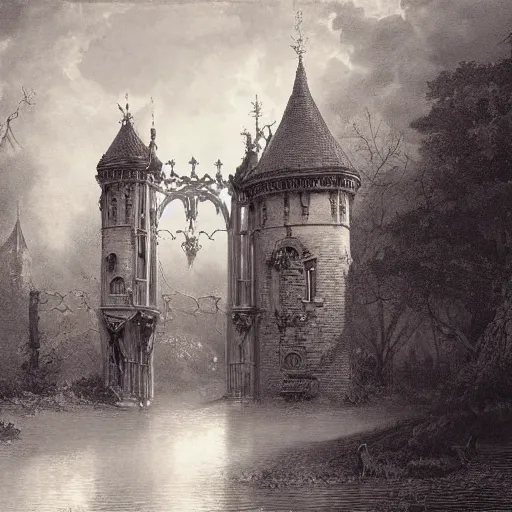 Image similar to Jean-Baptiste Monge and Alex Ross a artwork of a gothic revival castle gatehouse