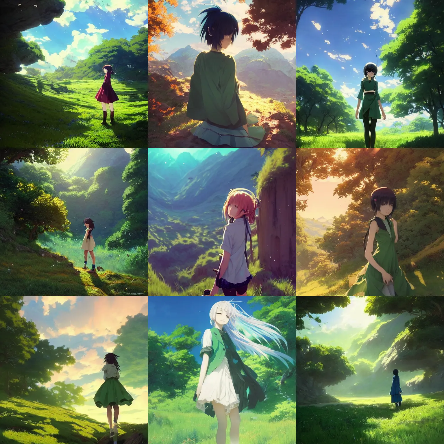 Prompt: anime girl in beautiful green valley and blue skies digital art by greg rutkowski by Makoto Shinkai trending on artstation pixiv, octane render, dynamic lighting, intricate detail, summer vibrancy, cinematic cgsociety, Award Winning, hyperdetailed Unreal Engine 4k 8k ultra HD, Stanley Artgerm Lau, WLOP, Rossdraws, James Jean Marc Simonetti