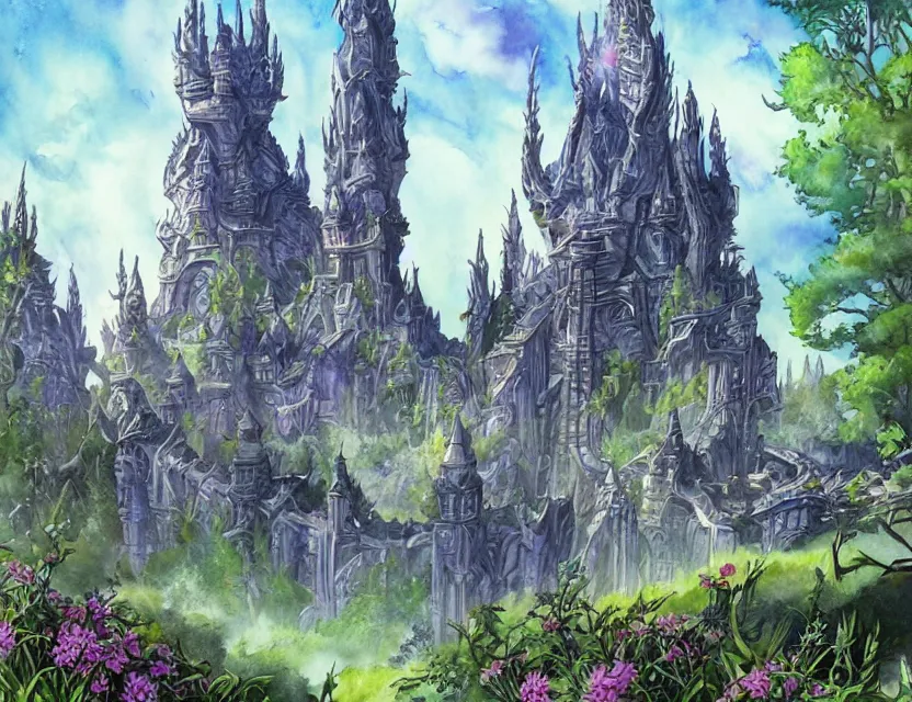 Image similar to futuristic scifi elven castle in springtime. this watercolor painting by the award - winning comic artist has interesting color contrasts, plenty of details and impeccable lighting.
