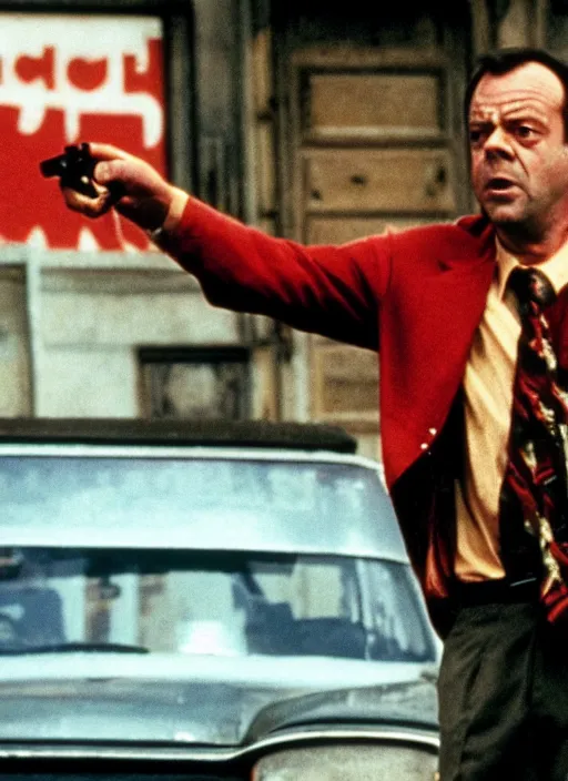 Image similar to film still of Del Boy from Only Fools & Horses as John McClane in Die Hard, 4k