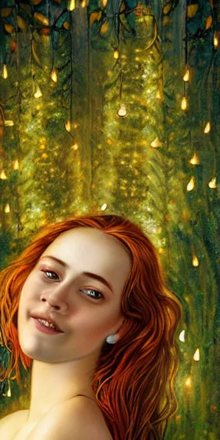 Image similar to a totally enraptured smiling young woman surrounded by golden firefly lights in a mesmerizing scene, sitting amidst nature fully covered, intricate detailed dress, long loose red hair, precise linework, accurate green eyes, small nose with freckles, smooth oval head, expressive emotions, hyper realistic ultrafine portrait by artemisia gentileschi, jessica rossier, artgerm