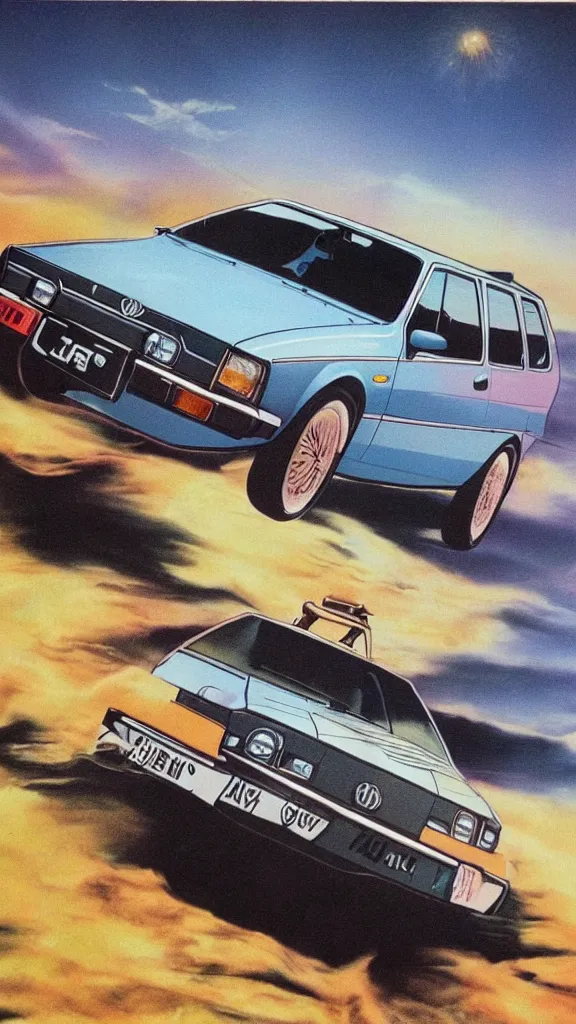 Prompt: 1 9 8 0 s airbrush surrealism illustration of a vw golf by don wieland