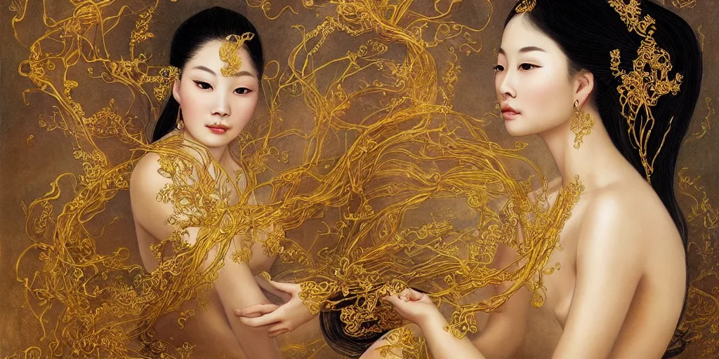 Image similar to asian nymph bald goddess, flowing golden silk twisting with whiten tattoos of cursive sigils on her opalescent skin, fantasy, intricate, very beautiful, elegant, golden light, highly detailed, oil painting by mai xuan thu