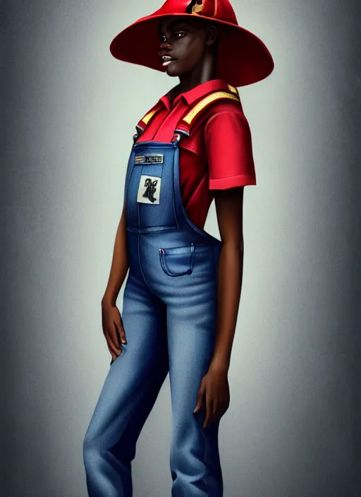 Image similar to full body portrait of young black woman as a firewoman, white t - shirt and blue denim overalls, firemans hat, intricate, beautiful and elegant, highly detailed, digital painting, artstation, concept art, smooth, sharp focus, illustration, art by wlop, mars ravelo and greg rutkowski