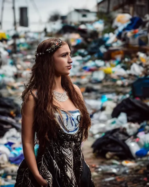 Image similar to a beautiful photo of a Young female with long hair and reflective eyes, Queen of trash wearing a gown made of plastic bags and trash, surrounded by trash all around and in the background, top cinematic lighting , very detailed, shot in canon 50mm f/1.2