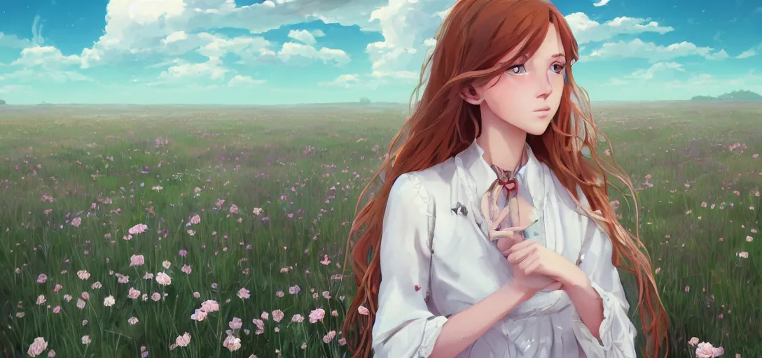 Image similar to a beautiful southern woman named Savannah, innocent, sad turquoise eyes, freckles, long ginger hair tied with white ribbon, relaxed in a field of flowers on a farm, gentle lighting, storm in the distance, somber, western clothing, dress, digital art by Makoto Shinkai ilya kuvshinov and Wojtek Fus, digital art, concept art,