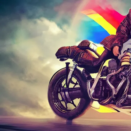 Image similar to wide angle full body, jacket wearing fluffy cute rainbow kitten wearing a black leather motorcycle jacket, riding on a motorcycle, cinematic concept art