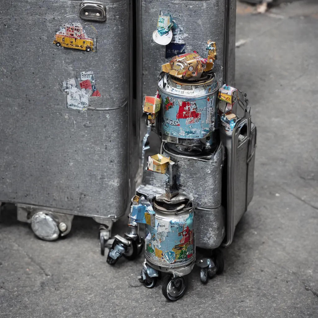 Prompt: a tin can robot with luggage in new york, Carl Zeiss 85mm lens, bokeh