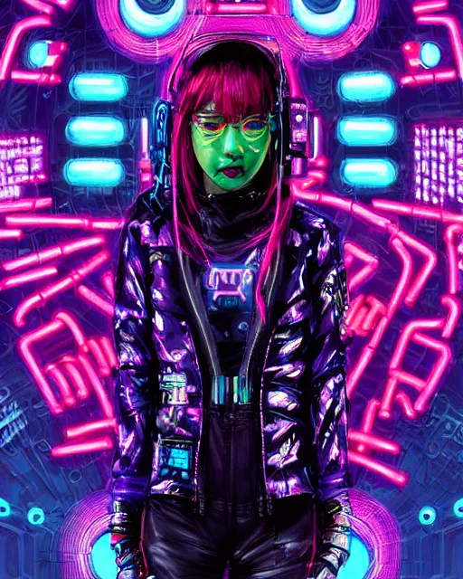 Image similar to detailed portrait Neon Operator Girl, cyberpunk futuristic neon, reflective catsuit, decorated with traditional Japanese ornaments by Ismail inceoglu dragan bibin hans thoma !dream detailed portrait Neon Operator Girl, cyberpunk futuristic neon, reflective puffy coat, decorated with traditional Japanese ornaments by Ismail inceoglu dragan bibin hans thoma greg rutkowski Alexandros Pyromallis Nekro Rene Maritte Illustrated, Perfect face, fine details, realistic shaded, fine-face, pretty face