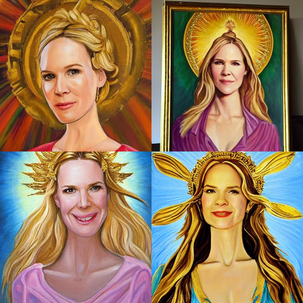 Prompt: stephanie march as a goddess with a golden halo and light around her head beautiful painting