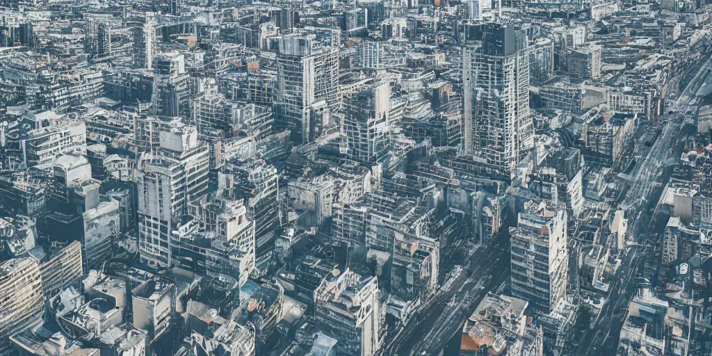 Prompt: drone view of a city, brutalism, sharp focus, telephoto lens, 3D digital art 4k