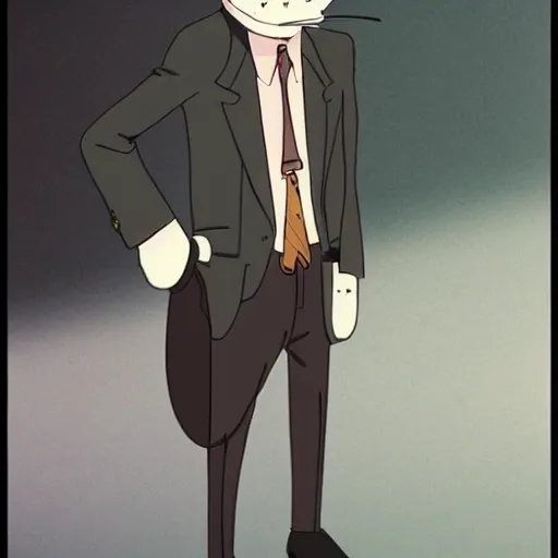 Image similar to a beagle wearing a business suit and fedora, studio ghibli