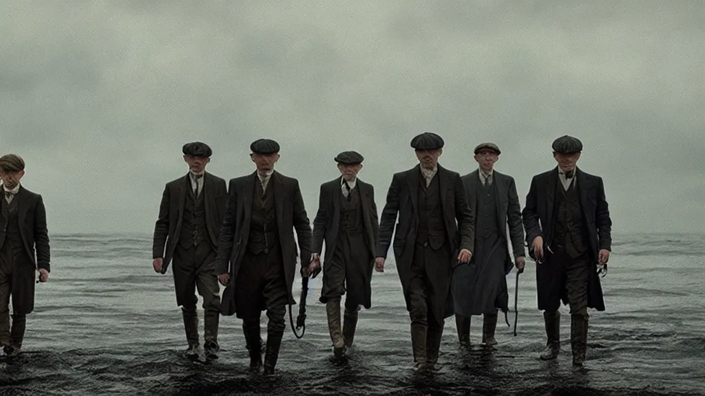 Prompt: the Peaky Blinders crew coming out of the ocean, film still from the movie directed by Denis Villeneuve with art direction by Zdzisław Beksiński, wide lens