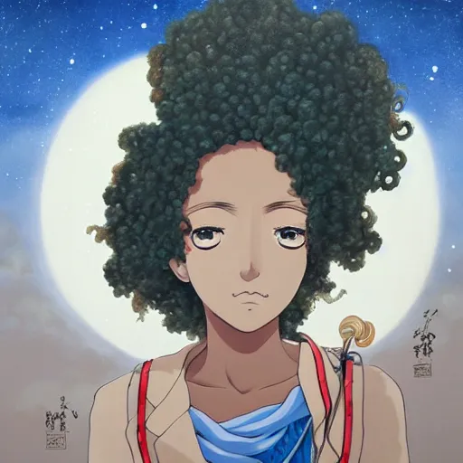 Prompt: a somali woman with curly hair, painting on a canvas, anime style, studio ghibli, contemplative, beautiful, surreal, detailed, dreamy