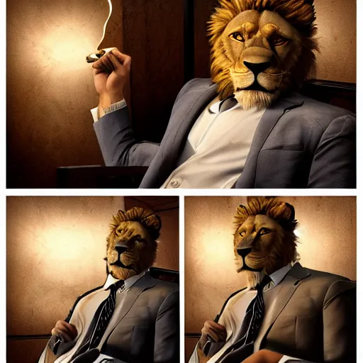 Image similar to a lion smoking a cigar wearing a suit, subject= lion, subject detail: wearing a suit, subject action: smoking a cigar, dramatic lighting, cinematic lighting, establishing shot, photorealistic, high details, cinematic, 8k resolution, extremly detailed, photorealistic, artstation, unreal engine