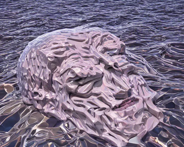 Image similar to a giant human head award winning sculpture on the surface of the ocean, abstract sculpture, in the style of chad knight, hyper detailed, hyper realistic, ray tracing, 8 k resolution, sharp focus