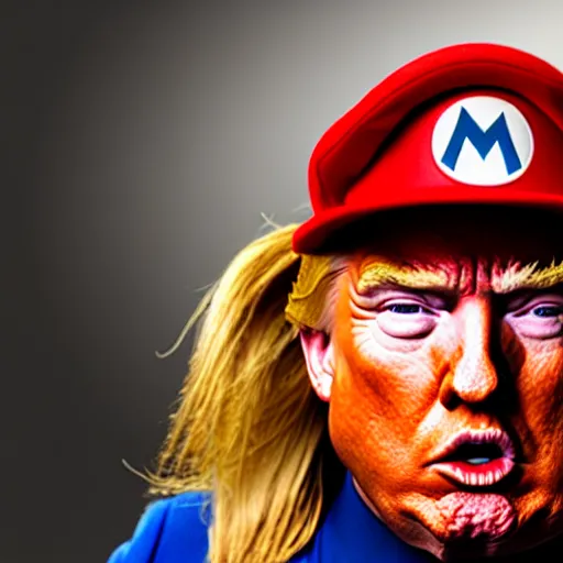 Image similar to uhd candid photo of hyperdetailed photorealistic donald trump dressed as super mario. correct face, cinematic lighting, photo by annie leibowitz, and steve mccurry.