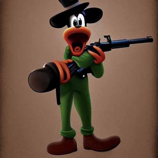 Image similar to Photorealistic Goofy holding a machine gun, Hyperdetailed, 108 megapixels, artstation concept art