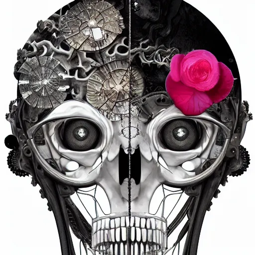 Image similar to surreal manga anime photo portrait of complex bio - mechanical beautiful young female skeletal cyborg with a mandelbrot fractal steampunk metal skull face, disney, retrofuturistic depressing, floral foliage, rococo, steampunk, 8 k