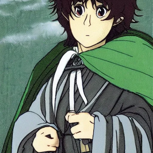 Image similar to peregrin took from the anime lord of the rings (1986), dark hair, green cape, hobbit, studio ghibli, very detailed, realistic