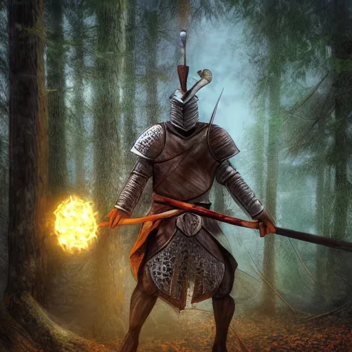 Prompt: digital art of a woodland knight made of wood holding a giant club, in a dark forest, digital art, high quality render, artstation, 8 k, photograph quality, ultrahd, in the style of dungeons and dragons