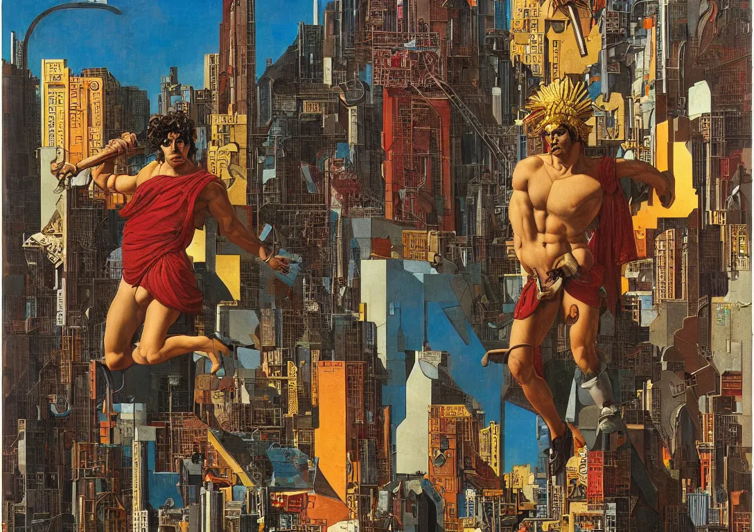 Prompt: a punk latino greek god searching through the streets of a glass and steel metropolis, sparse detail, saturated color scheme, by thomas blackshear, victor brauner and moebius