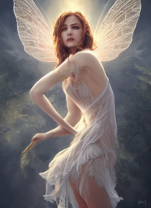 Image similar to full body portrait of a beautiful fairy women with wings of lace, by artgerm, sunny day, highly detailed, perfect lighting, perfect composition, symmetry, detailed features, 4 k, by alan lee, by derek zabrocki, by greg rutkowski