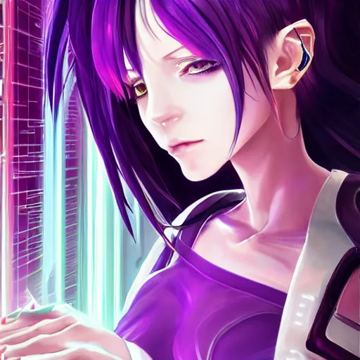 Image similar to A beautiful painting of a cyberpunk anime girl with purple hair and an a huge robot arm sensual stare, augmentations and cybernetic enhancements neon circuits, by Stanley Artgerm Lau, WLOP, Rossdraws, James Jean, Andrei Riabovitchev, Marc Simonetti, and Sakimichan, trending on artstation, hyperrealist, cinema4D, 8k highly detailed ❤️‍🔥 🔥 💀 🤖 🚀