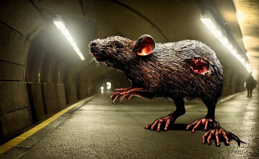 Image similar to very large giant mutant zombie rat with cancer in tonnel of moscow metro. extreme high detail. low dark light, scary atmosphere.