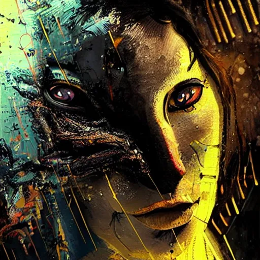 Prompt: sexy beautiful kitty with yellow snake eyes, head made of mech mask rendered in unreal engine, movie shot from the witcher, cyberpunk universum, dark scifi, painted by carne griffiths and beksinski