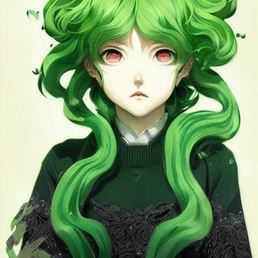 Image similar to detailed portrait art of tatsumaki with green curly hair, art by ross tran ilya kuvshinov krenz cushart, very detailed, intricate, digital anime art, sharp focus