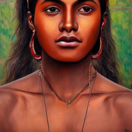 Prompt: A portrait of a thin trendy and gorgeous non-binary person, dark skin tone, Indian, oil painting, majestic, detailed, high resolution