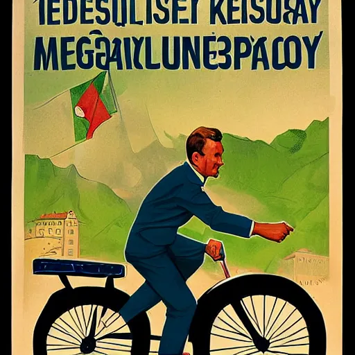 Image similar to portrait of mayor of budapest gergely karacsony riding a bicycle in summer shirt, hungarian propaganda poster, hungarian flag in the background, colored, artgerm, highly detailed