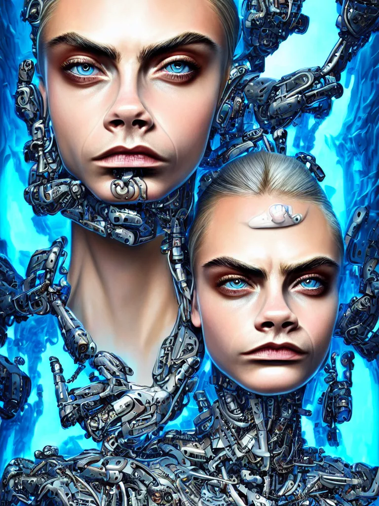 Prompt: Portrait of Cara Delevingne wearing epic bionic cyborg implants by Dan Mumford and Naoto Hattori, extremely beautiful and proportionate face, in the aesthetic of mert and marcus, masterpiece, intricate, elegant wardrobe, highly detailed, digital painting, artstation, concept art, crepuscular rays, smooth, sharp focus, illustration, background is made of stars, neon cyberpunk vibrant colors, volumetric lighting, art by artgerm and james jean and Nick Sullo